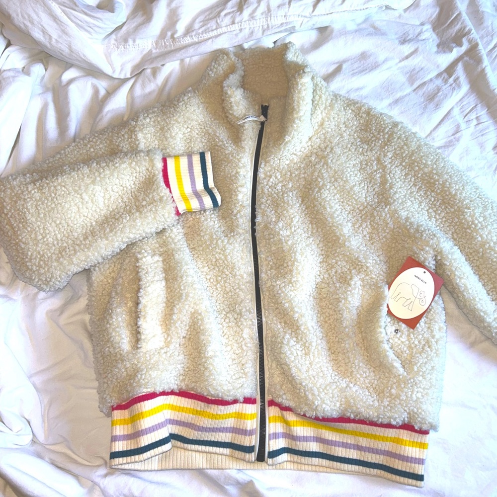 Ivory Ella White Sherpa Jacket, Multi Color Hem & Cuffs, New